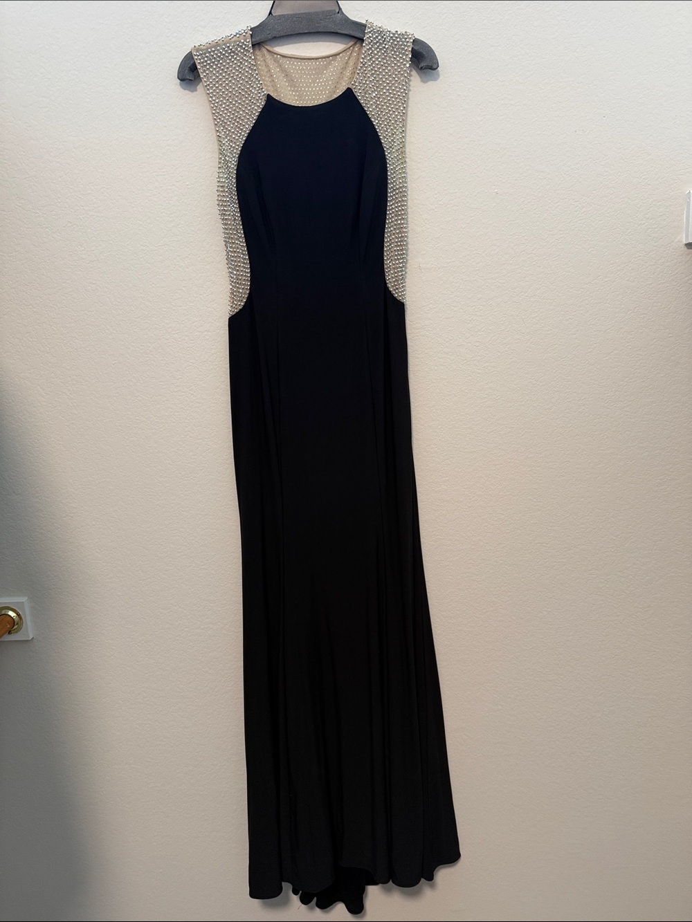 Black Maxi Evening Gown with Crystal-Embellished Shoulders